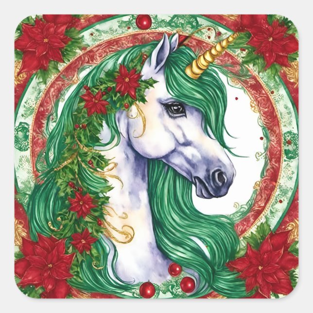 Christmas Unicorn Quadratischer Aufkleber (Vorderseite)