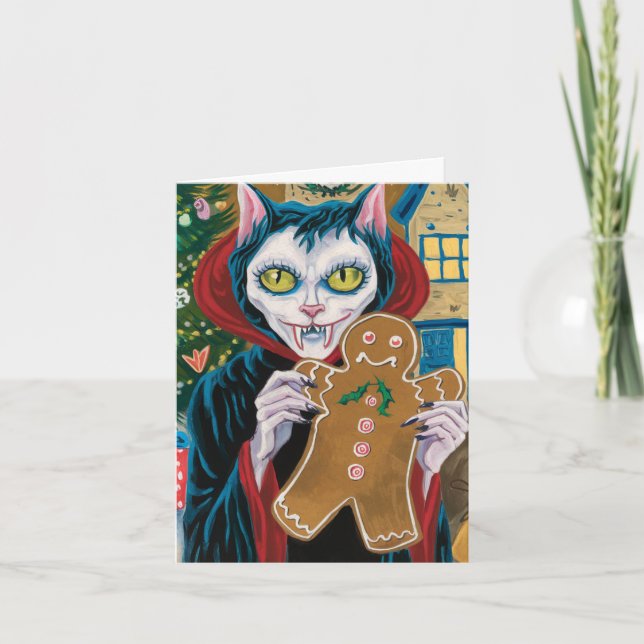 Christmas Vampire Kitty mit Gingerbread Mann Karte (Vorderseite)