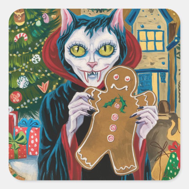 Christmas Vampire Kitty mit Gingerbread Mann Quadratischer Aufkleber (Vorderseite)