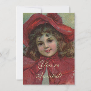 Christmas Viktorianisch Child Red Hat Girl Portrai Einladung