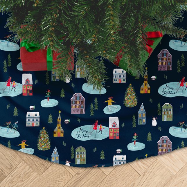Christmas Village Blue Pattern "Frohe Weihnachten" Polyester Weihnachtsbaumdecke (Christmas Village Blue Pattern 'Merry Christmas' Brushed Polyester Tree Skirt)