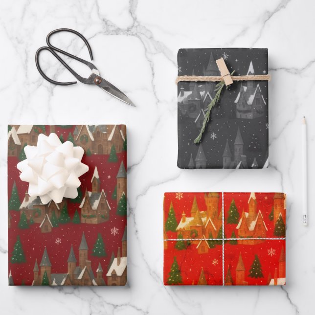 Christmas Village Holiday Wrapping Paper – Festive Geschenkpapier Set (Vorderseite)