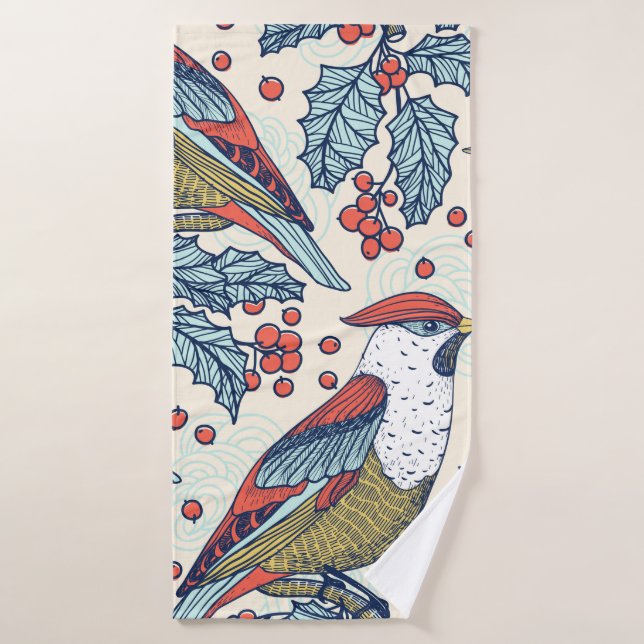 Christmas vintage seamless pattern with waxwings a badehandtuch (Badehandtuch)