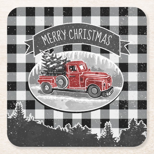 Christmas Vintage Truck Black Buffalo Pläd Name Rechteckiger Pappuntersetzer (Vorderseite)