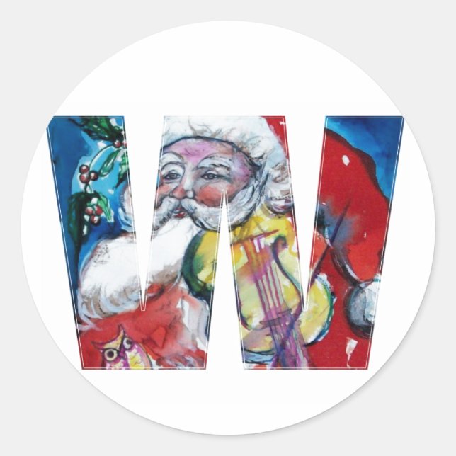 CHRISTMAS W LETTER / SANTA MIT VIOLIN MONOGRAM RUNDER AUFKLEBER (Vorderseite)
