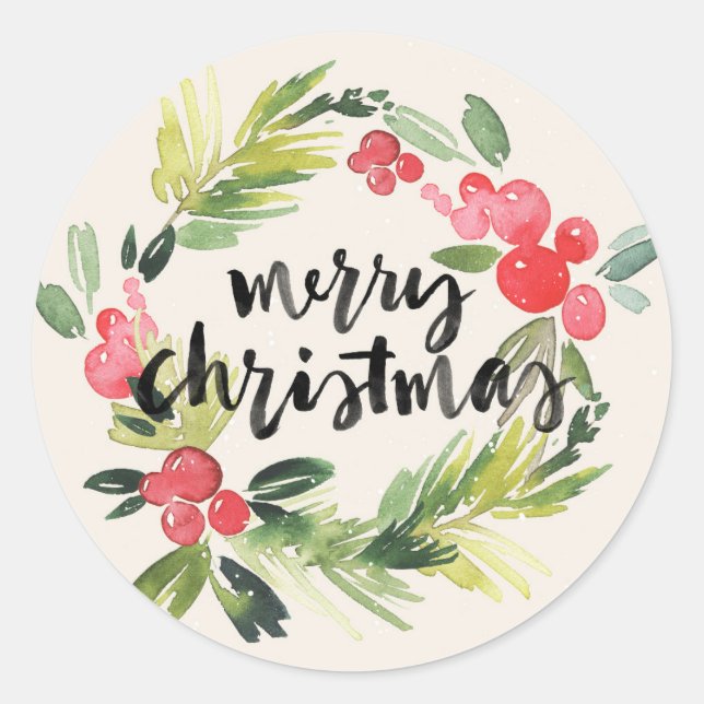 Christmas | Wasserfarbe - Frohe Weihnachtsfeier Runder Aufkleber (Vorderseite)