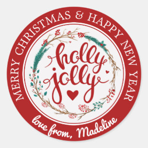 Christmas   Wasserfarbe - Holly Jolly Wreath Runder Aufkleber