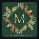 Christmas Watercolor Big Monogram Holly Wreath Quadratischer Aufkleber<br><div class="desc">Weihnachts-Rücksendeadresse-Sticker. Handbemalte Aquarellholz-Blätter und hellrote Beeren mit Kiefernästen,  Winterblättern und großen Monogramm,  zuerst auf grünem Hintergrund. Alle Texte und Farben können bearbeitet werden; Schriftart,  Hintergrundfarbe und Layout können nach Stil und Geschmack geändert werden.</div>