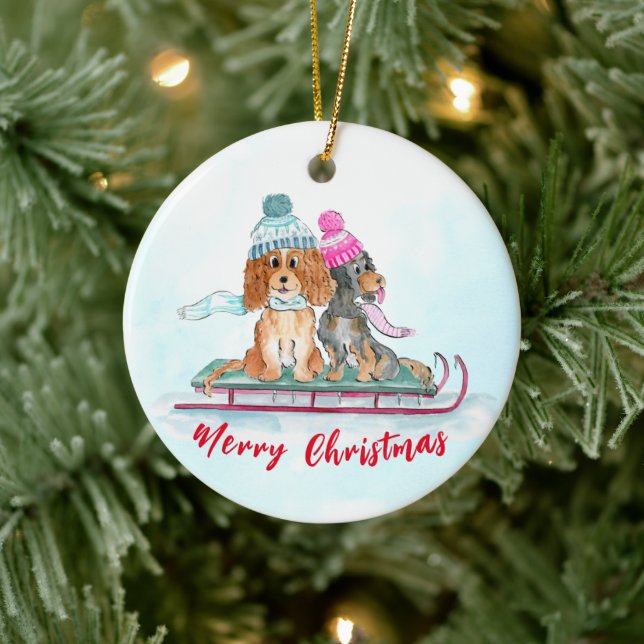 Christmas Watercolor Cavalier King Charles Sled Keramik Ornament (Baum)