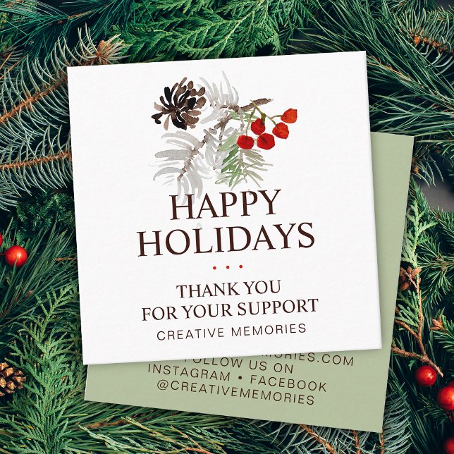 Christmas Watercolor Greenery Danke Quadratische Visitenkarte (Christmas Watercolor Greenery Thank You Square Business Card)