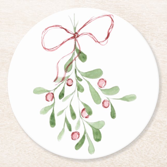 Christmas Watercolor Mistletoe Runder Pappuntersetzer (Vorderseite)