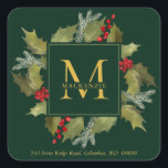 Christmas Watercolor Monogram Holly Wreath Green Quadratischer Aufkleber<br><div class="desc">Weihnachts-Rücksendeadresse-Sticker. Handbemalte Aquarellholz-Blätter und hellrote Beeren mit Kiefernästen,  Winterblättern und großen Monogramm,  zuerst auf grünem Hintergrund. Alle Texte und Farben können bearbeitet werden; Schriftart,  Hintergrundfarbe und Layout können nach Stil und Geschmack geändert werden.</div>
