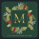 Christmas Watercolor Monogram Holly Wreath Green Quadratischer Aufkleber<br><div class="desc">Weihnachts-Rücksendeadresse-Sticker. Handbemalte Aquarellholz-Blätter und hellrote Beeren mit Kiefernästen,  Winterblättern und großen Monogramm,  zuerst auf grünem Hintergrund. Alle Texte und Farben können bearbeitet werden; Schriftart,  Hintergrundfarbe und Layout können nach Stil und Geschmack geändert werden.</div>