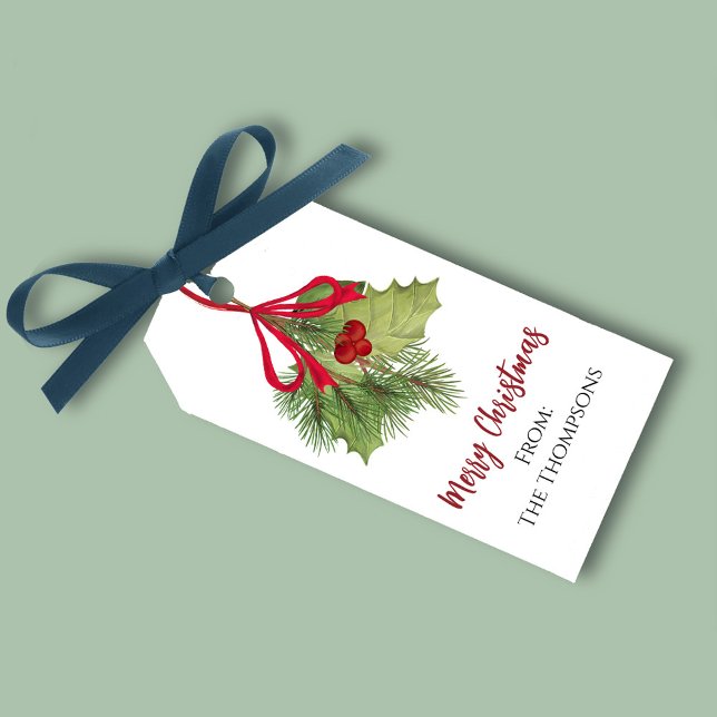 Christmas Watercolor Red Holly Berries Einfach Geschenkanhänger (Merry Christmas Red holly berries greenery foliage gift tag. )