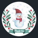Christmas Watercolor Snowman Danke Runder Aufkleber<br><div class="desc">Personalisierte Weihnachtsaufkleber mit Aquarellschneemann,  Schneeflocken und Winterfloralen.</div>