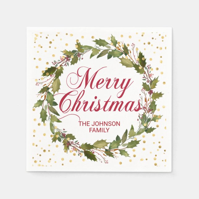 Christmas Watercolor Wreath Holly Gold Serviette (Vorderseite)