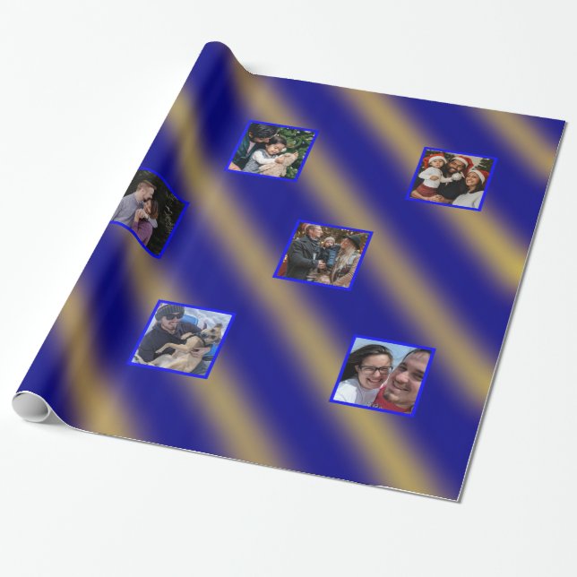 Christmas Wavy Muster Gold & Blue 8 Fotos Geschenkpapier (Ungerollt)