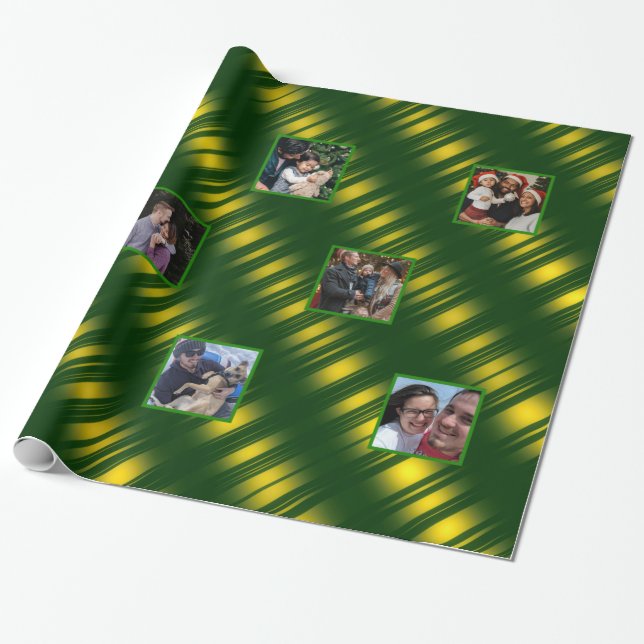 Christmas Wavy Muster Gold & Green 8 Fotos Geschenkpapier (Ungerollt)