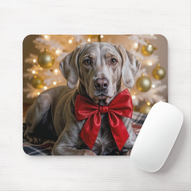 Christmas Weimaraner Dog With Red Bow Mousepad (Mit Mouse)