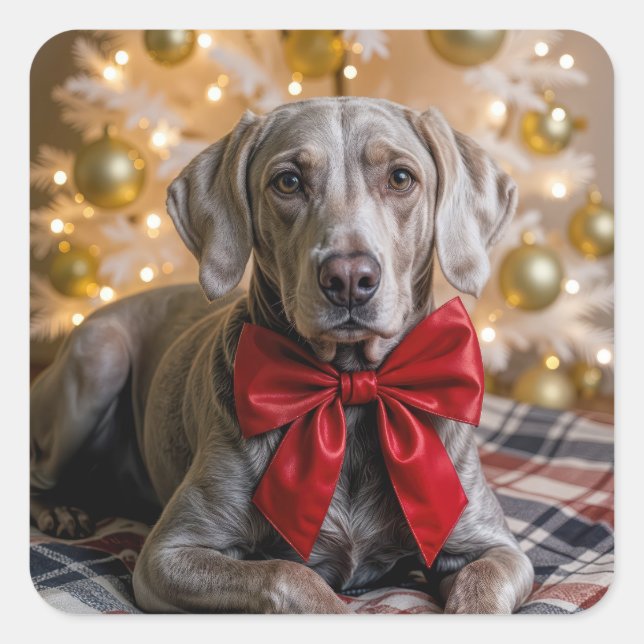 Christmas Weimaraner Dog With Red Bow Quadratischer Aufkleber (Vorderseite)