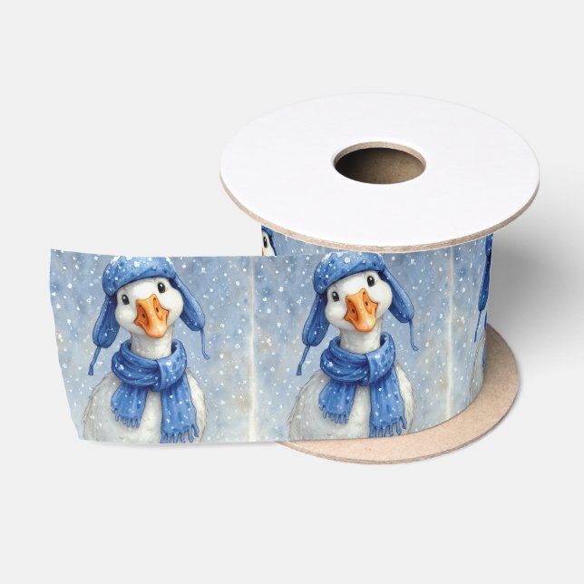 Christmas White Goose In Blue Hat and Scarf Satinband (Spule)