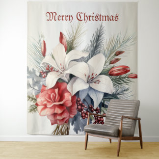 Christmas White Red Flowers Holidays Elegant Wandteppich