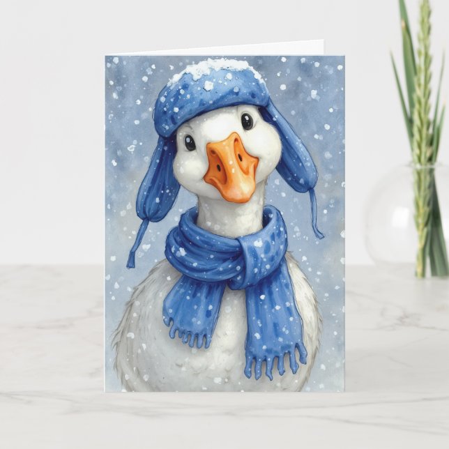 Christmas White Winter Goose With Blue Scarf Karte (Vorderseite)