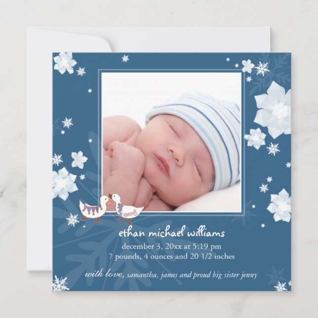 Christmas Winter Baby Boy Blue Birth Ankündigung (Vorderseite)