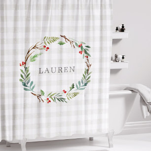 Christmas Winter Berries Wreath Monogram Duschvorhang