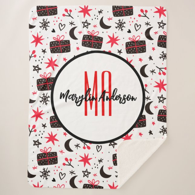 CHRISTMAS WINTER GIFTS AND SNOWFLAKES MONOGRAM SHERPADECKE (Vorderseite)