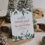 Christmas Winter Onederland First Birthday Einladung<br><div class="desc">Christmas winter onederland first birthday invitation with holiday greenery and black plaid.</div>