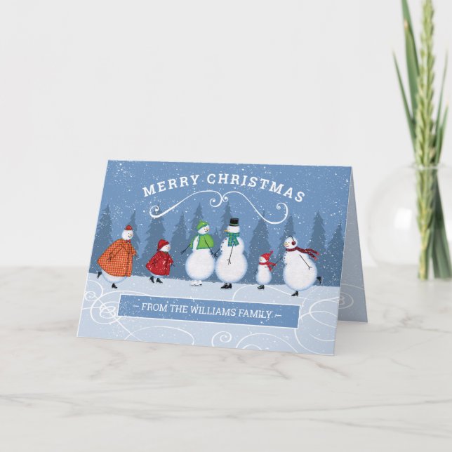 Christmas Winter Skaten Snowman Familienname Feiertagskarte (Vorderseite)