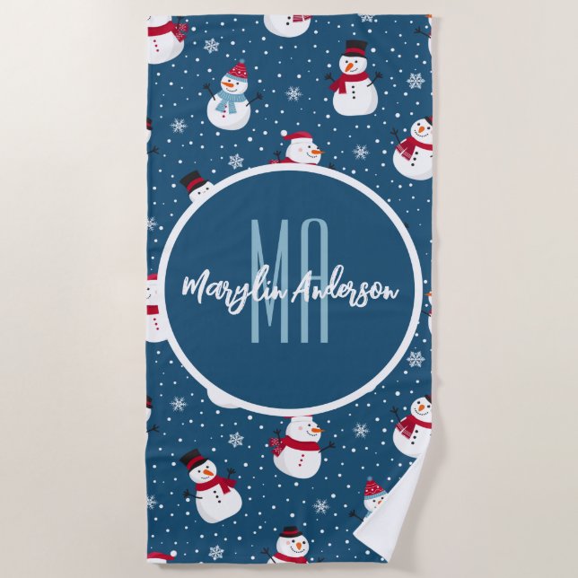 CHRISTMAS WINTER SNOWMAN CUSTOMIZABLE MONOGRAMM STRANDTUCH (Vorderseite)