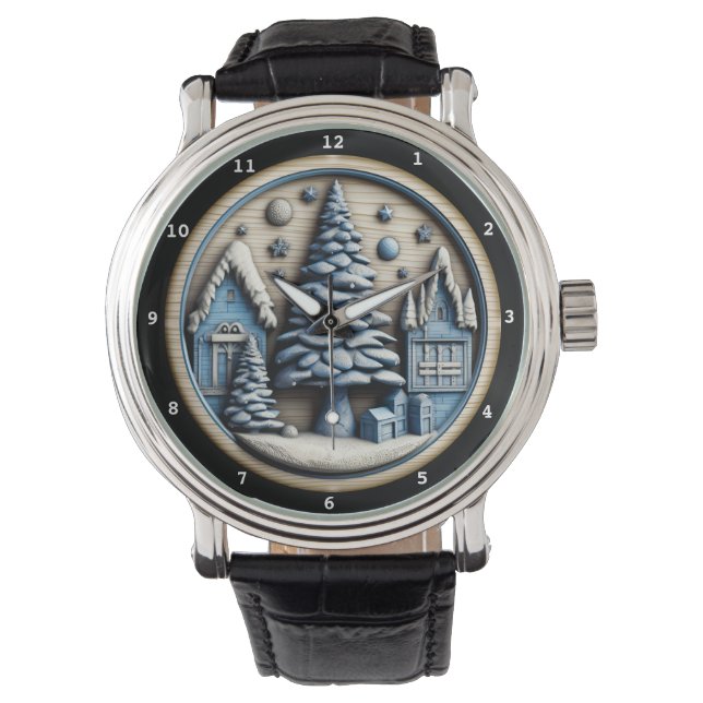 Christmas Winter Village Artistic Scene Armbanduhr (Vorderseite)
