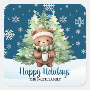 CHRISTMAS WOODLAND BEAR QUADRATISCHER AUFKLEBER