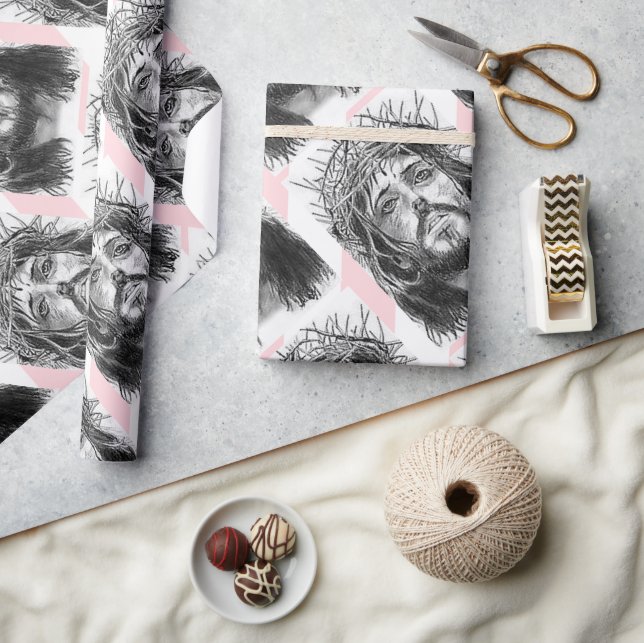Christmas Wrapping Pink &White Stripe Jesus Christ Geschenkpapier (Kunsthandwerk)