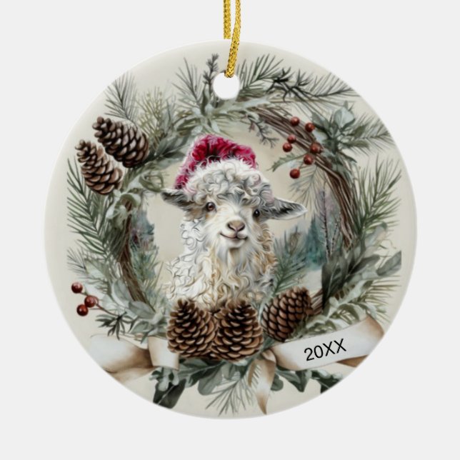 Christmas Wreath Angora Goat  Keramik Ornament (Vorne)