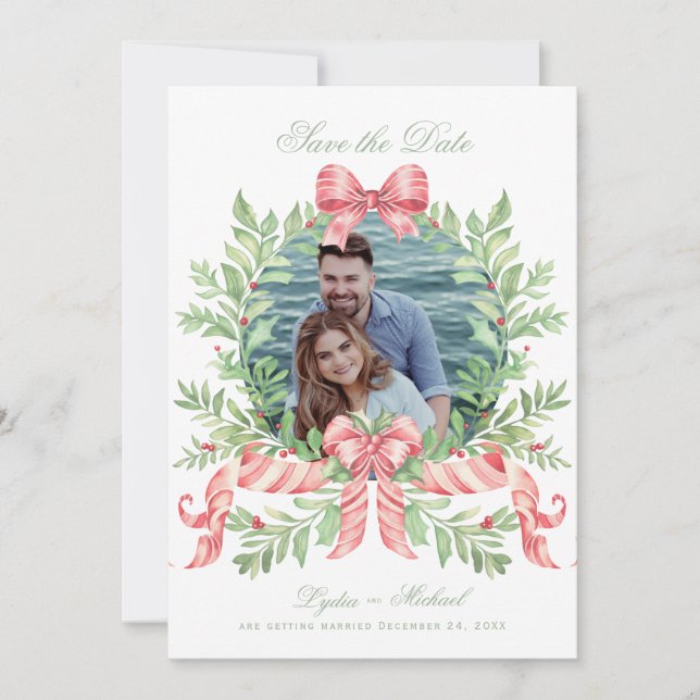 Christmas Wreath Candy Cane Bow | FOTO Save The Date (Vorderseite)