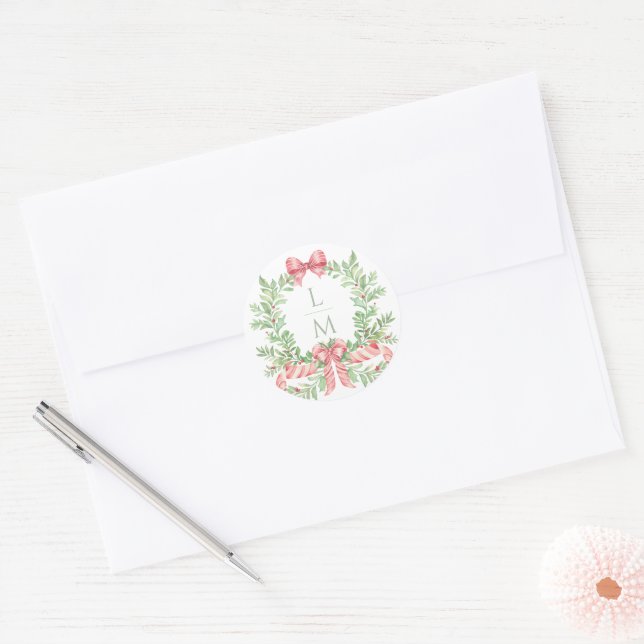 Christmas Wreath Candy Cane Bow | Monografische Ho Runder Aufkleber (Umschlag)