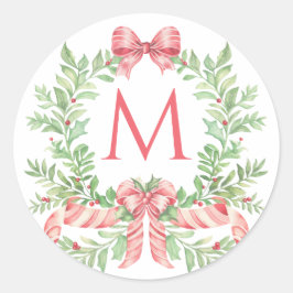 Christmas Wreath Candy Cane Bow | Monogram Runder Aufkleber