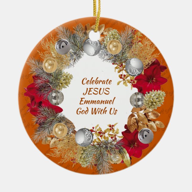 Christmas Wreath Custom Orange CELEBRATE JESUS Keramik Ornament (Vorne)