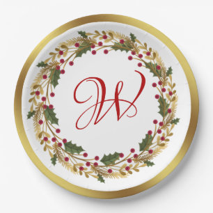 Christmas Wreath Green Holly Verlasst Red Berry Pappteller