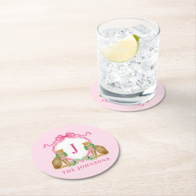 Christmas Wreath Leopard Crest Monogram  Runder Pappuntersetzer (Vor Ort)