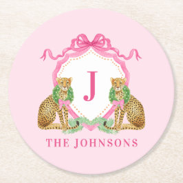 Christmas Wreath Leopard Crest Monogram Runder Pappuntersetzer
