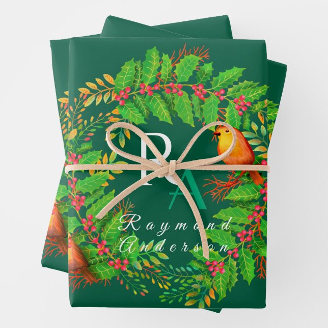 Christmas Wreath Monogram Hunter Green Geschenkpapier Set (Beispiel)