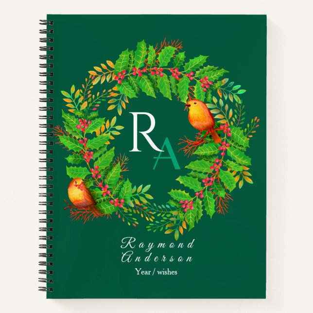 Christmas Wreath Monogram Hunter Green Notizbuch (Vorderseite)