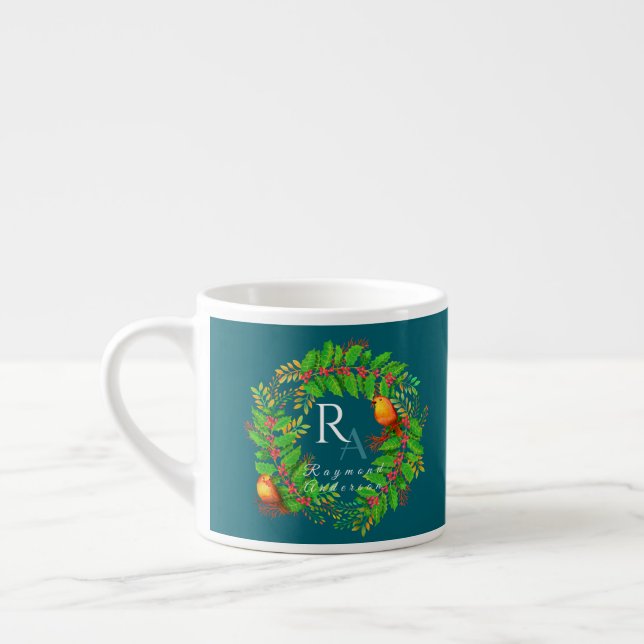 Christmas Wreath Monogram Ocean Blue Espressotasse (Links)
