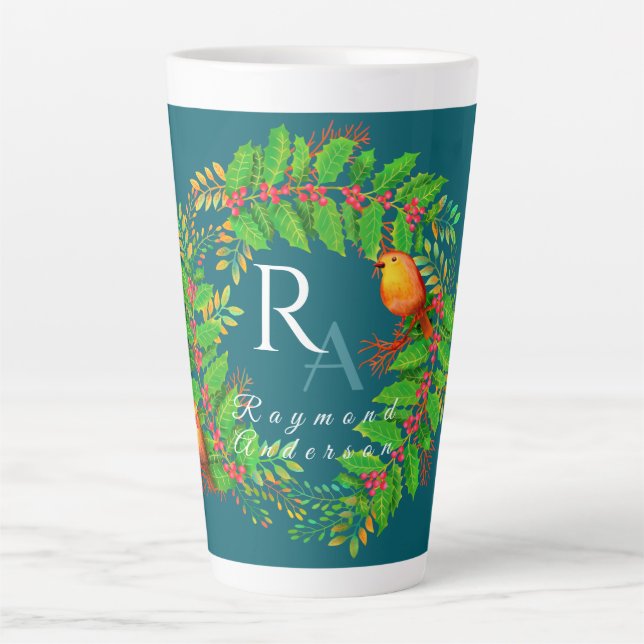 Christmas Wreath Monogram Ocean Blue Milchtasse (Vorderseite)