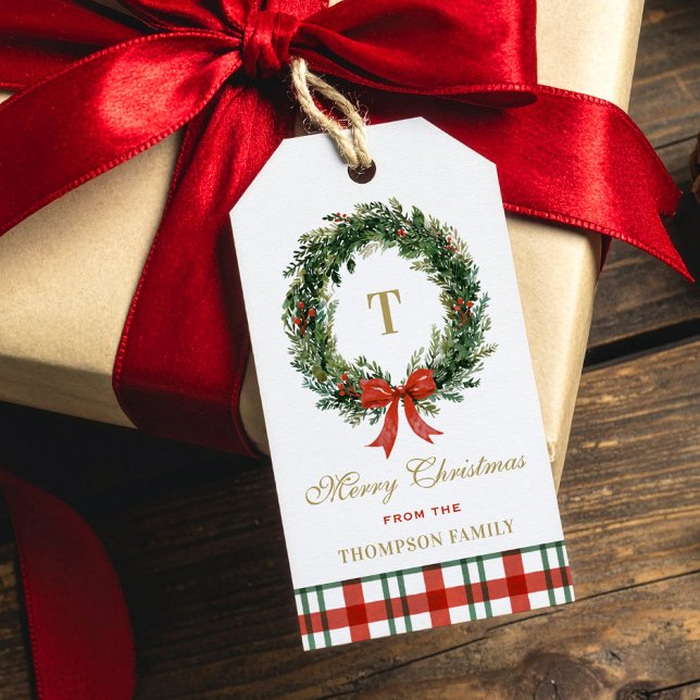 Christmas Wreath Monogram Plaid Family Name Geschenkanhänger (Von Creator hochgeladen)