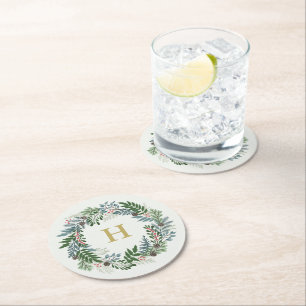 Christmas Wreath Monogram Runder Pappuntersetzer